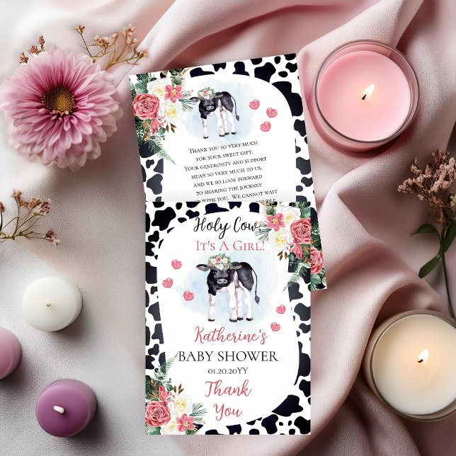 Carte De Remerciements Jolie vache sainte, C'est une fille Baby shower Me (Cute "Holy Cow, It's A Girl!" Baby Shower Thank You Two-Sided Flat Card)