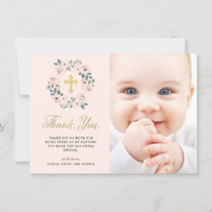 Carte De Remerciements Jolies fleurs roses et Croix d'or  Photo du baptêm