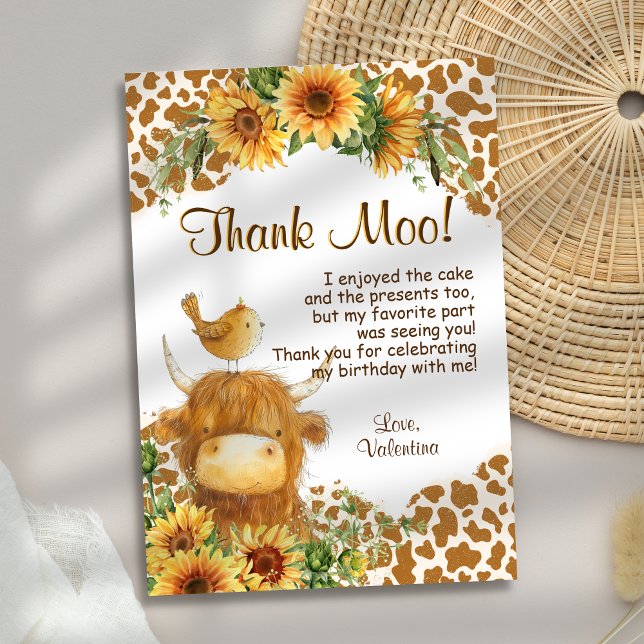 Carte De Remerciements Jote Highland Cow Imprimer Tournesols Oiseau Anniv (Créateur téléchargé)