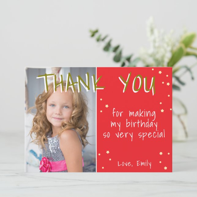 Carte De Remerciements Jote Red Star Girl Photo Anniversaire (Debout devant)