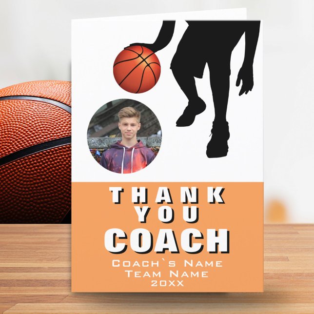 Carte De Remerciements Joueur de basket Silhouette Photo Coach Orange (Créateur téléchargé)