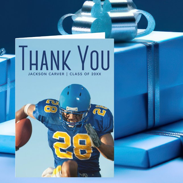 Carte De Remerciements Joueur de Football avec photo bleue Script superpo (Créateur téléchargé)