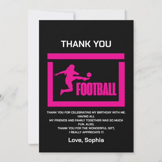 Carte De Remerciements Joueuse de football rose, Équipe fille d'anniversa (Devant)