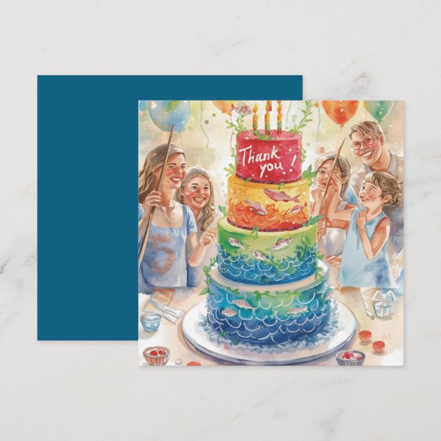 Carte De Remerciements Jour d'anniversaire de pêche sur le thème du plais (Devant / Derrière)