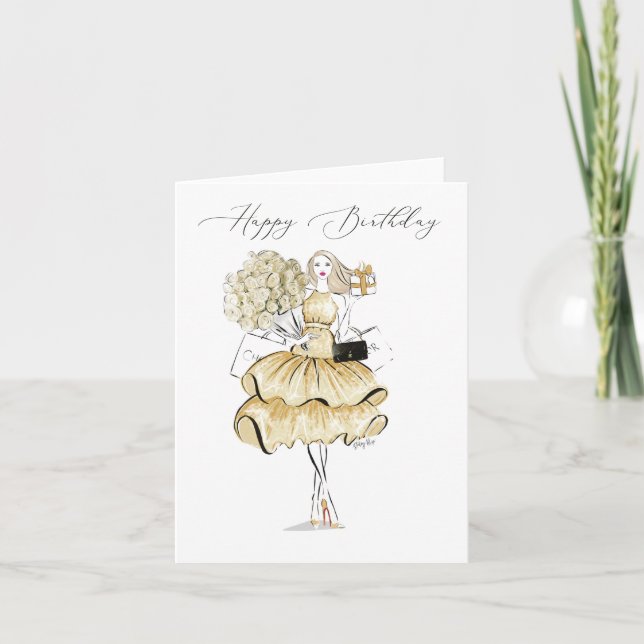 Carte De Remerciements Joyeuse illustration de mode d'anniversaire en or (Devant)