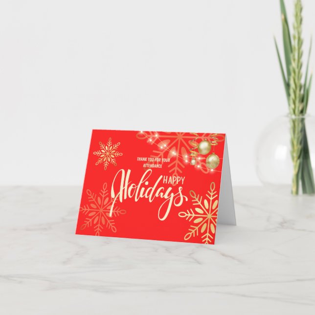Carte De Remerciements Joyeuses fêtes noël, flocons d'or, rouge (Devant)
