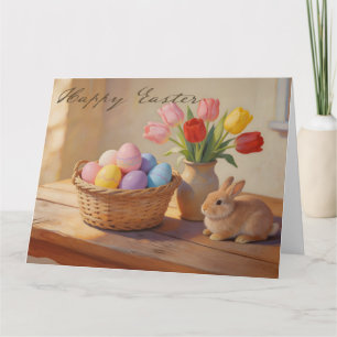 Carte De Remerciements Joyeuses Pâques avec œufs colorés et tulipes