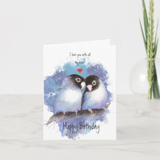 Carte De Remerciements Joyeux Anniversaire Amour Bleu Lovebirds Oiseaux A (Devant)