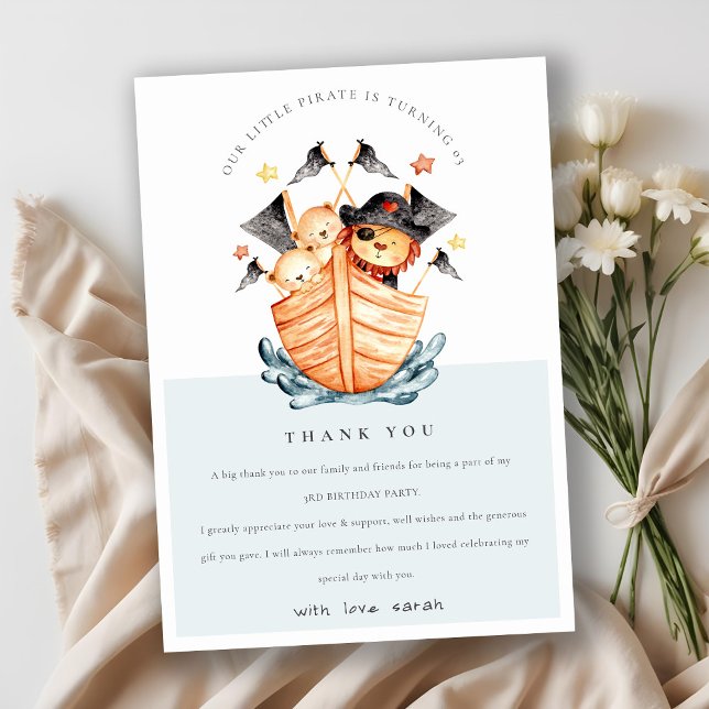 Carte De Remerciements Joyeux Anniversaire Enfant Lionceau Bateau Pirate  (Créateur téléchargé)