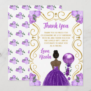 Carte De Remerciements Joyeux Anniversaire Princesse Peau Noire Violet