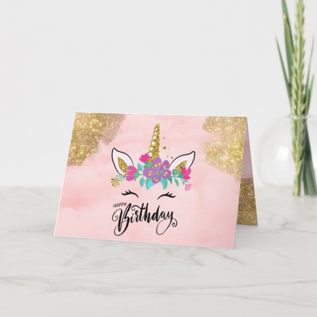 Carte De Remerciements Joyeux Anniversaire Rose Unicorn Filles Femmes (Devant)