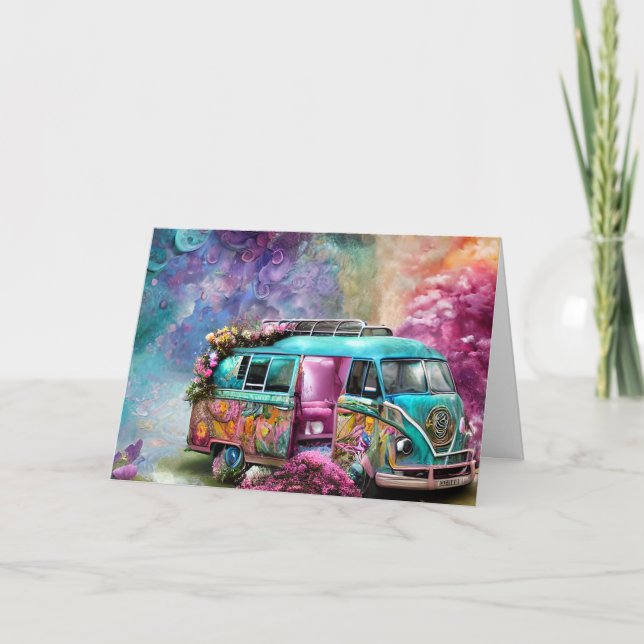 Carte De Remerciements Joyeux Anniversaire rouillé Combi van avec fleurs  (Devant)