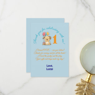 Carte De Remerciements Joyeux chiot, 1er anniversaire, garçon, fête, plat
