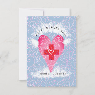 Carte De Remerciements Joyeux jour des infirmières Bleu Coeur rose Person