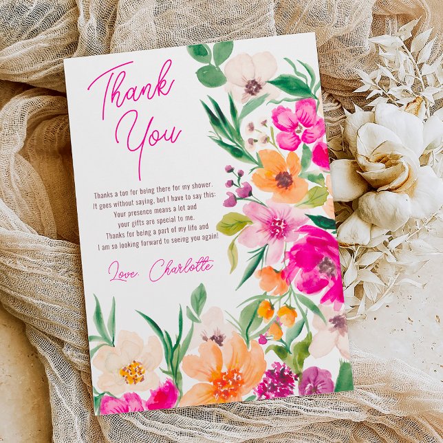 Carte De Remerciements Joyeux mariage avec des fleurs sauvages brillantes (Bright bold wild flowers script bridal shower thank you card on white)
