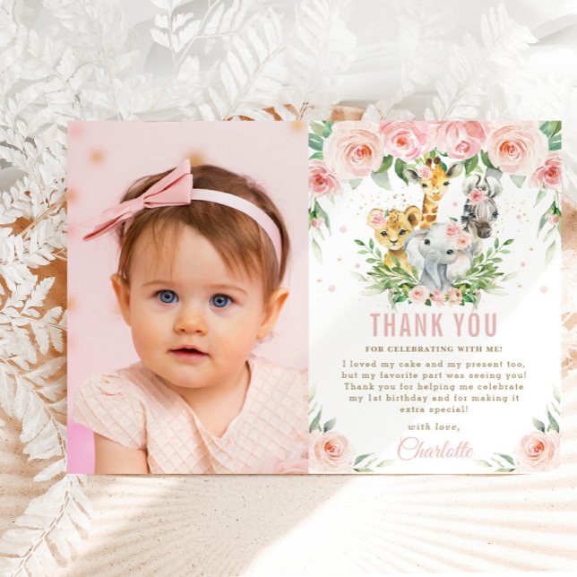 Carte De Remerciements Jungle Animaux Blush Floral 1er Anniversaire Photo (Créateur téléchargé)