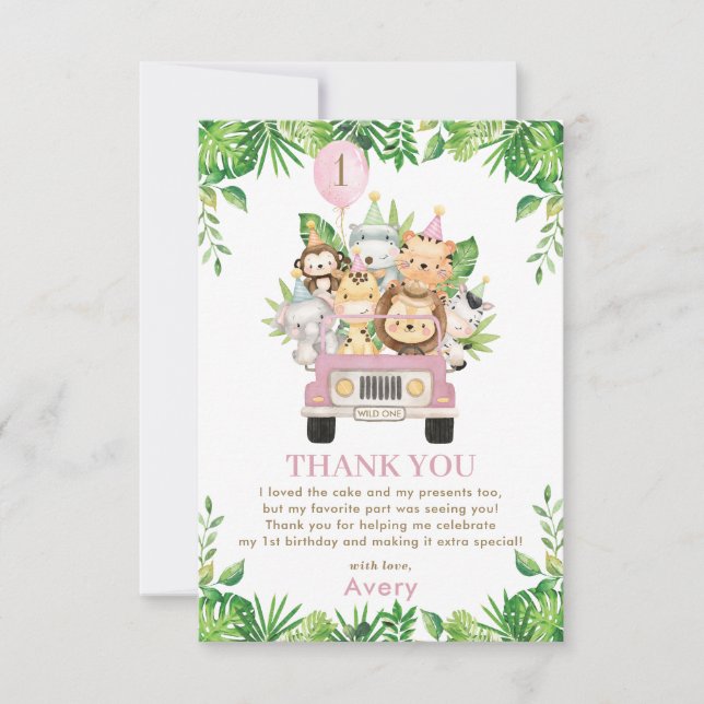 Carte De Remerciements Jungle Animaux Pink Safari voiture 1er anniversair (Devant)