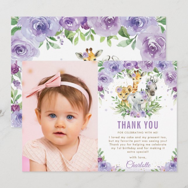 Carte De Remerciements Jungle Animaux Purple Floral 1er Anniversaire Phot (Devant / Derrière)