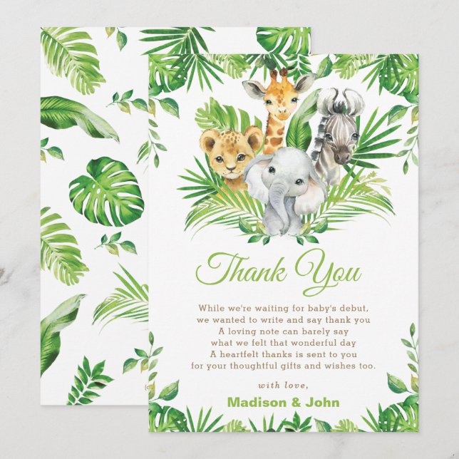 Carte De Remerciements Jungle Safari Animals Greenery Neutral Baby Shower (Devant / Derrière)