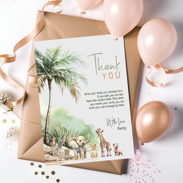 Carte De Remerciements Jungle Safari Animaux Anniversaire de enfant verti (Créateur téléchargé)