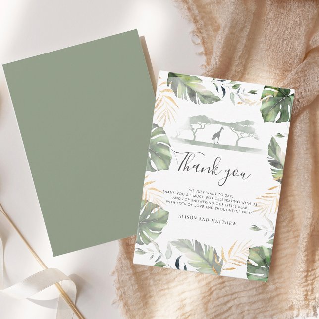 Carte De Remerciements Jungle Safari Giraffe Palms Baby shower Feuille (Jungle Safari Baby Shower Thank You Card)