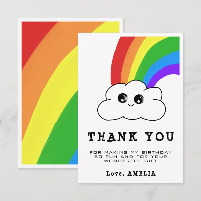 Carte De Remerciements Kawaii Cloud Rainbow Girly Anniversaire de enfant (Devant / Derrière)