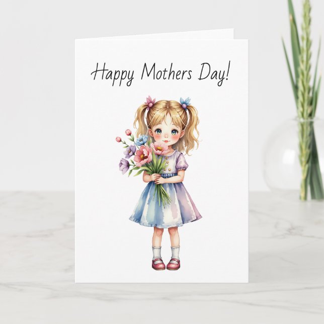 Carte De Remerciements Kawaii Petite fille avec Bouquet Aquarelle (Devant)