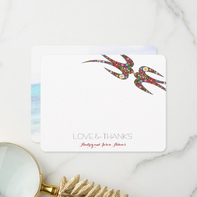 Carte De Remerciements Kissing Swallows Fleurs de printemps Chic Mariage  (Devant/Arrière en situation)