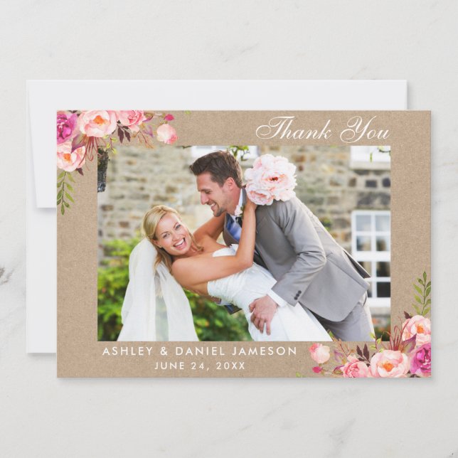 Carte De Remerciements Kraft Aquarelle rose Mariage (Devant)