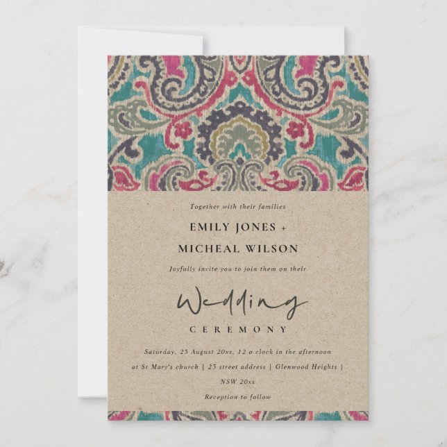CARTE DE REMERCIEMENTS KRAFT BOHO TRIBAL IKAT PINK INVITE TURQUOISE MARIA (Devant)