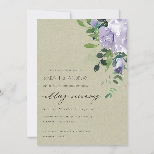 Carte De Remerciements Kraft Violet Violet Floral Mariage Feuilleté Invit (Devant)
