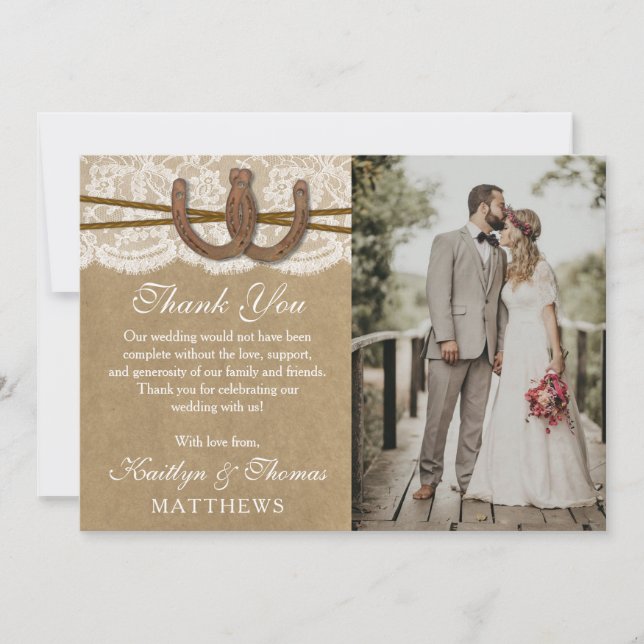 Carte De Remerciements La collection de Mariages Kraft, Lace & Horseshoe (Devant)