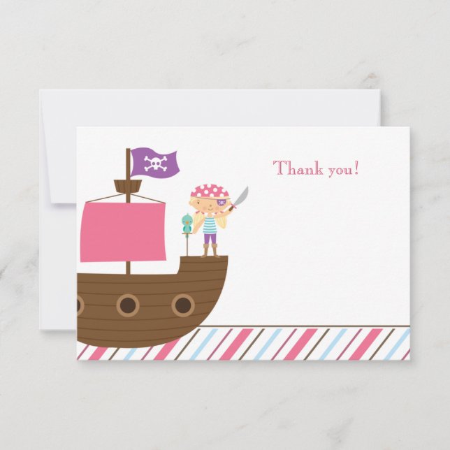 Carte De Remerciements La fête d'anniversaire du pirate de la fille rose (Devant)