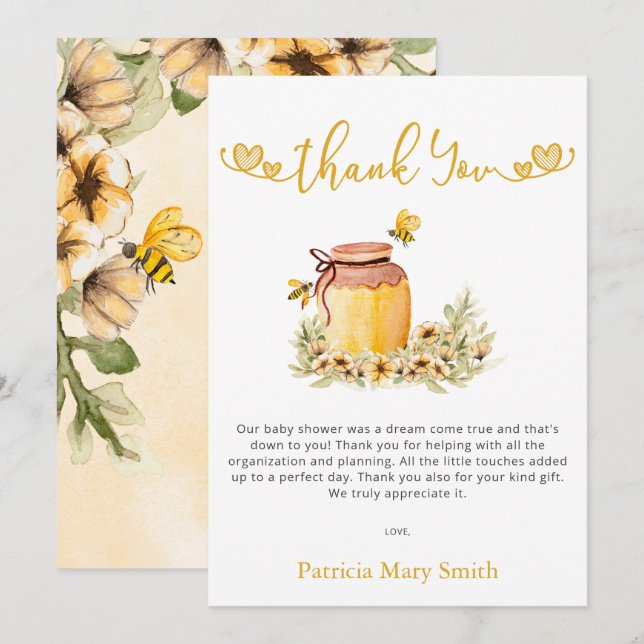 Carte De Remerciements La petite chérie est en route Honeybee Baby Shower (Devant / Derrière)