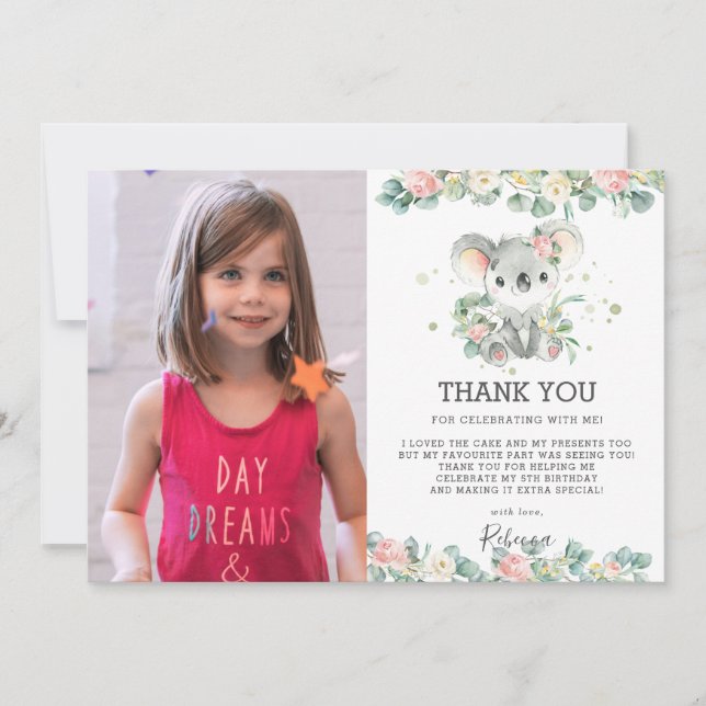 Carte De Remerciements La verdure rose florale Koala 1er anniversaire pho (Devant)