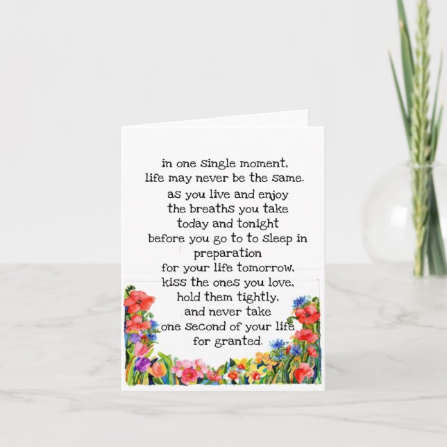 Carte De Remerciements "la vie peut changer en un instant"+ fleurs d'aqua (Devant)