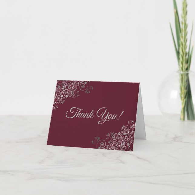 Carte De Remerciements Lacy Silver Frills Élégant Mariage Bourgogne Photo (Devant)