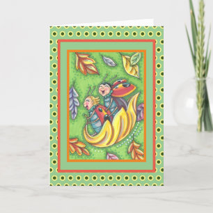 CARTE DE REMERCIEMENTS LADYBUGS RIDING ON FALLING AUTUMN LEAVES, FUN BUG