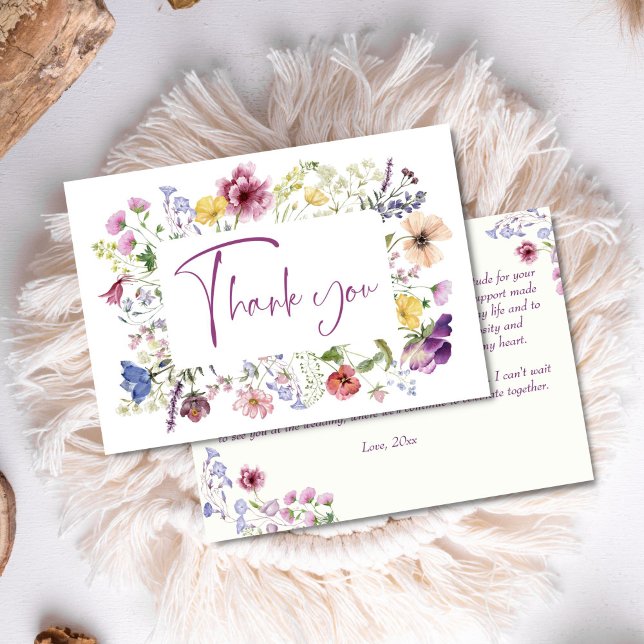 Carte De Remerciements L'amour est en fleurs, douche de mariée bohème sau (Love is blooming boho colorful wildflower bridal shower thank you card purple spring summer floral)