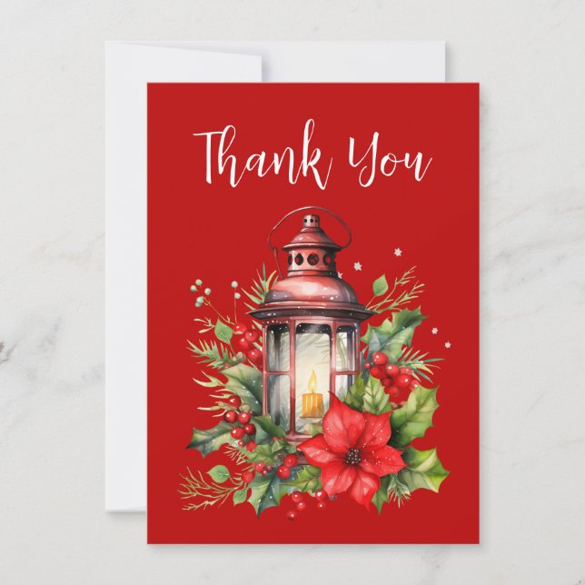 Carte De Remerciements Lanterne rouge de Noël Poinsettia et pin (Devant)