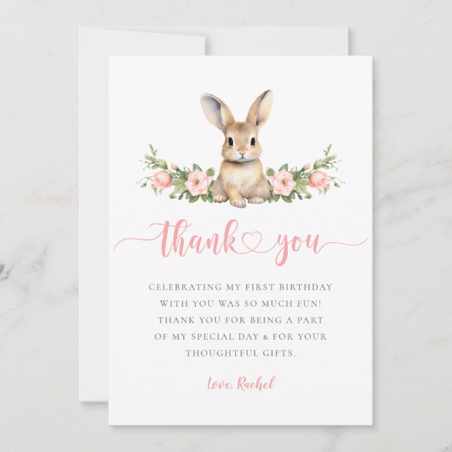 Carte De Remerciements Lapin de printemps floral rose Joyeux 1er annivers (Devant)