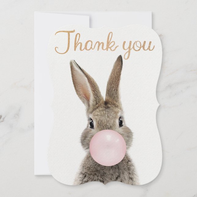 Carte De Remerciements Lapin soufflant un bubble gum rose (Devant)