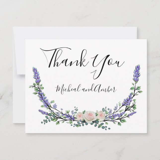 Carte De Remerciements Lavande Eucalyptus rose roses roses blanches (Devant)