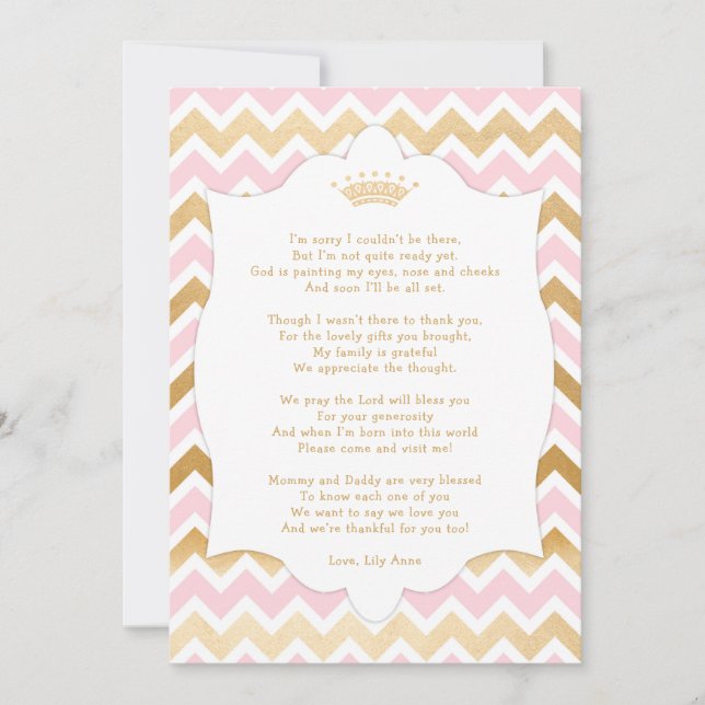Carte De Remerciements Le baby shower rose de couronne d'or vous (Devant)