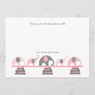 Carte De Remerciements Le baby shower rose et gris de livre d'éléphants