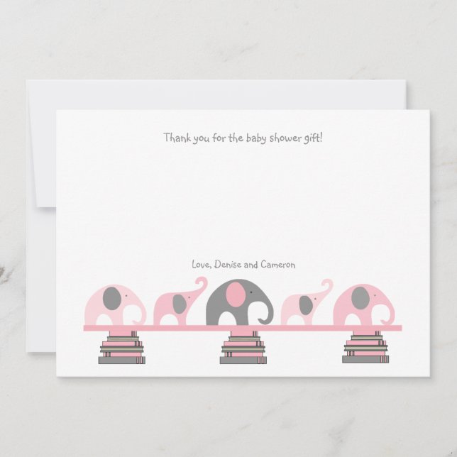 Carte De Remerciements Le baby shower rose et gris de livre d'éléphants (Devant)