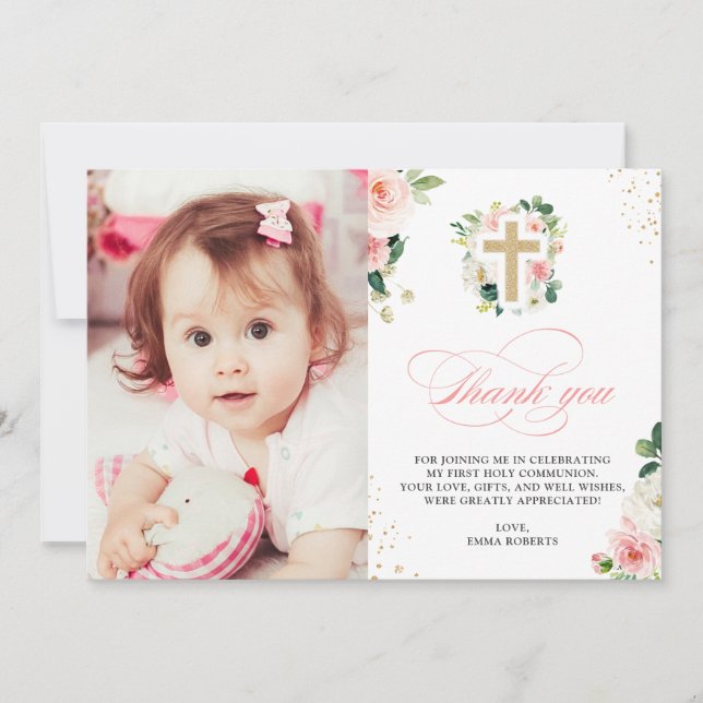 Carte De Remerciements Le Baptême de la Première Communion L'Or Rose (Devant)