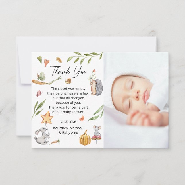 Carte De Remerciements Le charme des animaux forestiers Baby shower neutr (Devant)