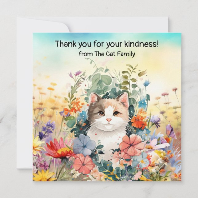 Carte De Remerciements Le chat est dans le champ de fleurs (Devant)