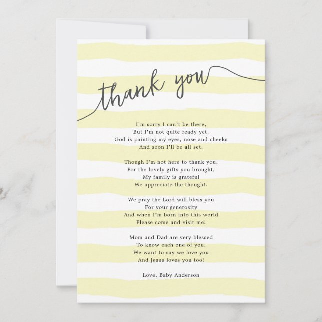 Carte De Remerciements Le jaune barre le poème neutre de baby shower (Devant)
